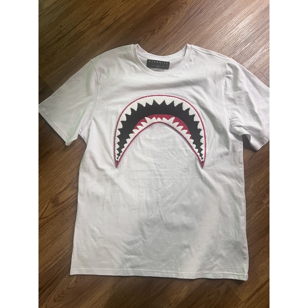 Eternity BC/AD white T-Shirt with fabric patch shark teeth, Size Large
